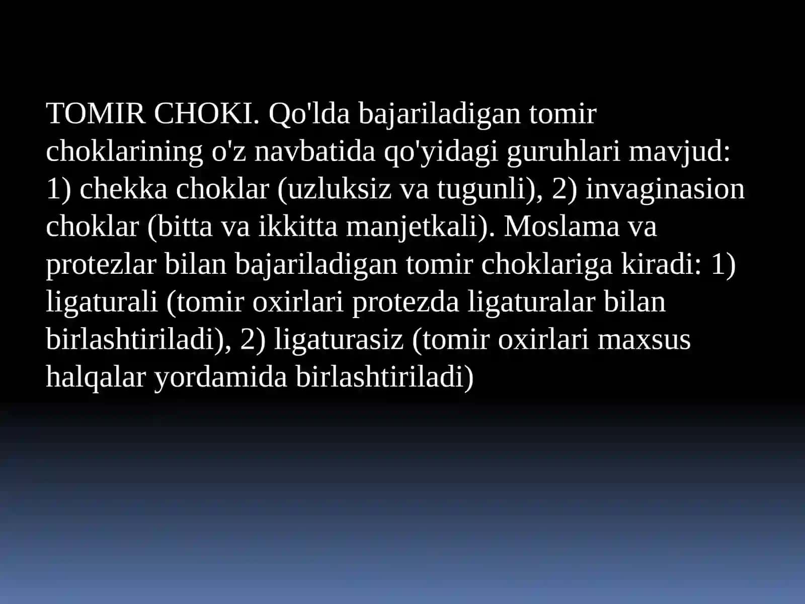 TOMIR CHOKI. QO‘L VA OYOQ NERVLARIGA OPERATIV OCHIB KIRISH USULLARI. NERVLARNI TIKISH TEXNIKASI. 3