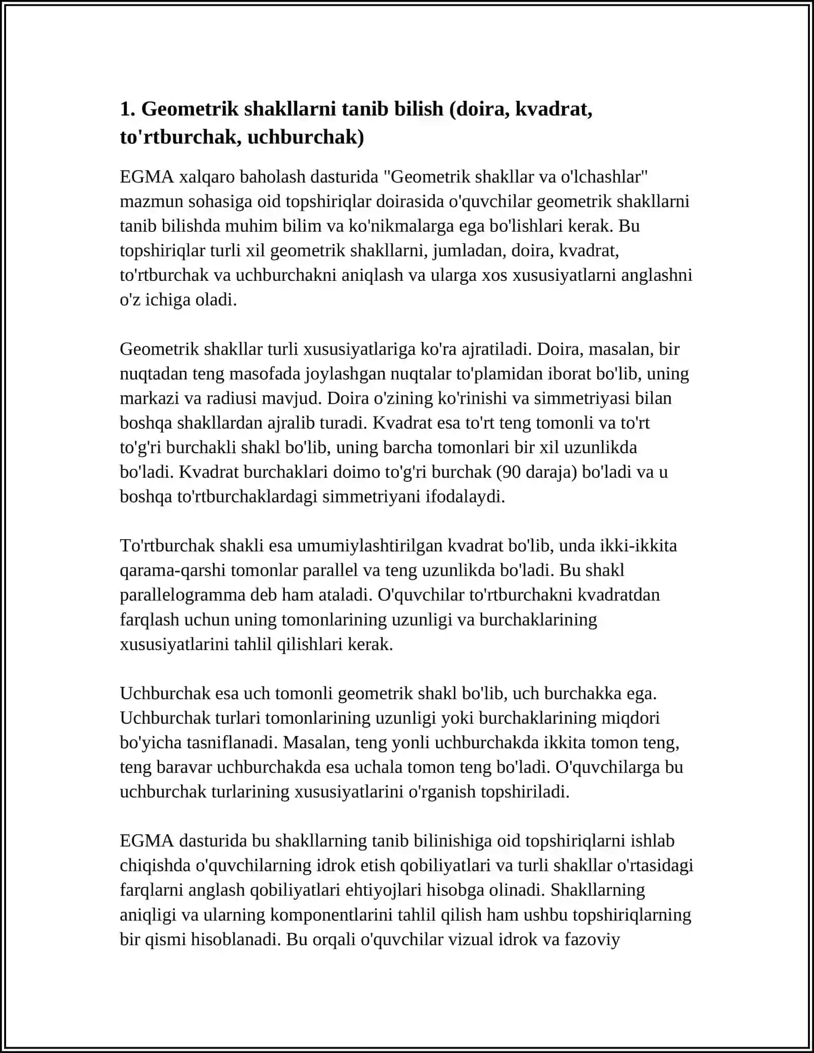 EGMA XALQARO BAHOLASH DASTURIDA "GEOMETRIK SHAKLLAR VA O'LCHASHLAR " MAZMUN SOHASIGA OID TOPSHIRIQLAR 3