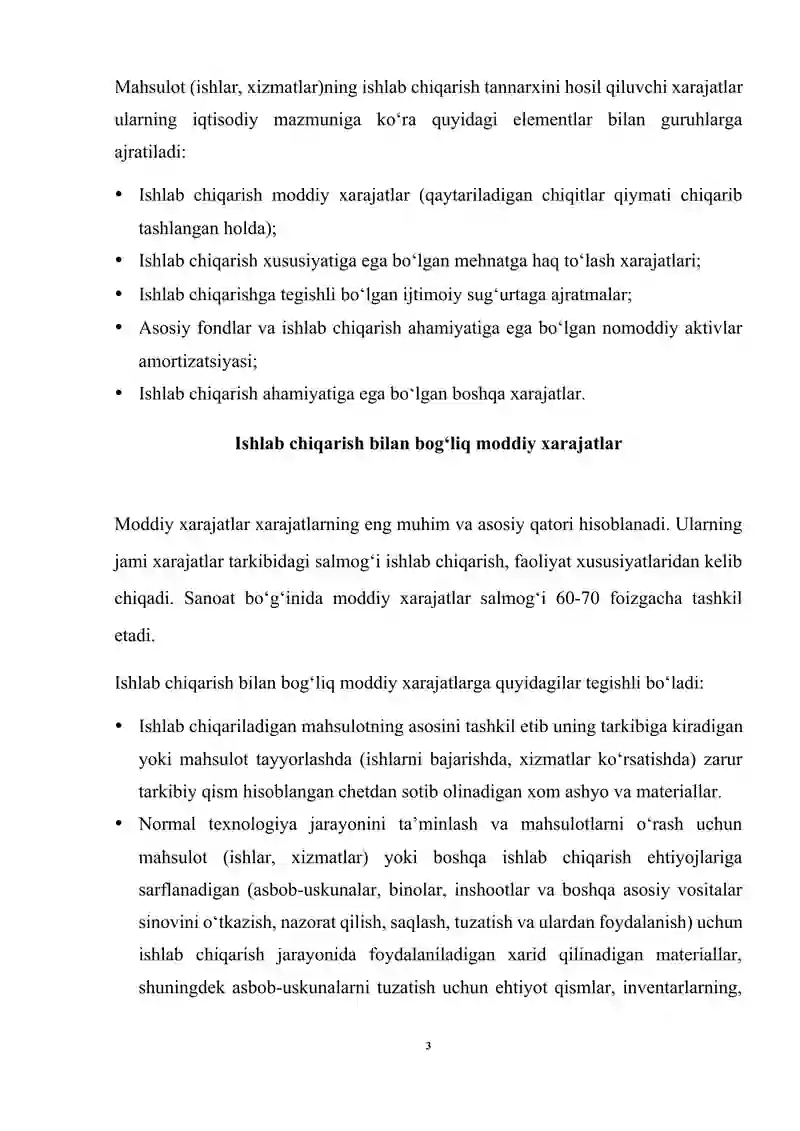 MAHSULOT TANNARXIGA KIRITILADIGAN XARAJATLAR HISOBI mavzusi bo'yicha kurs ishi 3