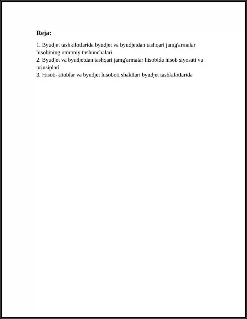 "BUDJET TASHKILOTLARIDA BUDJET VA BUDJETDANTASHQARI JAMGARMALAR BILAN HISOBLASHUVLAR HISOBI" 3