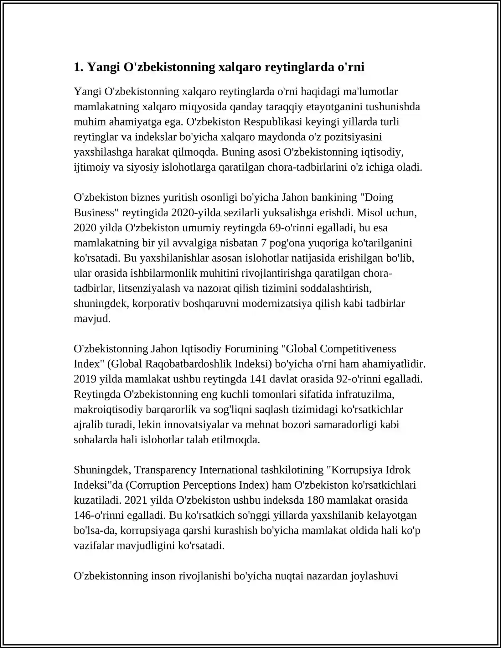 YANGI O'ZBEKISTON IJTIMOIY-SIYOSIY, IQTISODIY VA MADANIY HAYOTIDA RO'Y BERAYOTGAN O'ZGARISHLARNING XALQARO REYTING VA INDEKSLARDA AKS ETISHI 3
