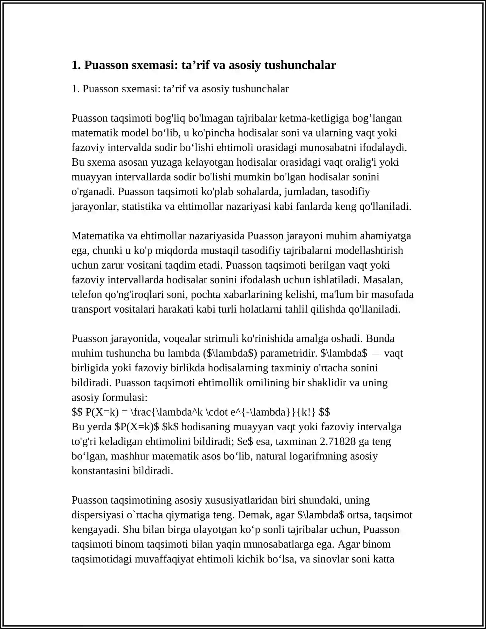 BOG’LIQSIZ TAJRIBALAR KETMA-KETLIGINING PUASSON SXEMASI.BOG’LIQSIZ TAJRIBALAR KETMA-KETLIGI 3