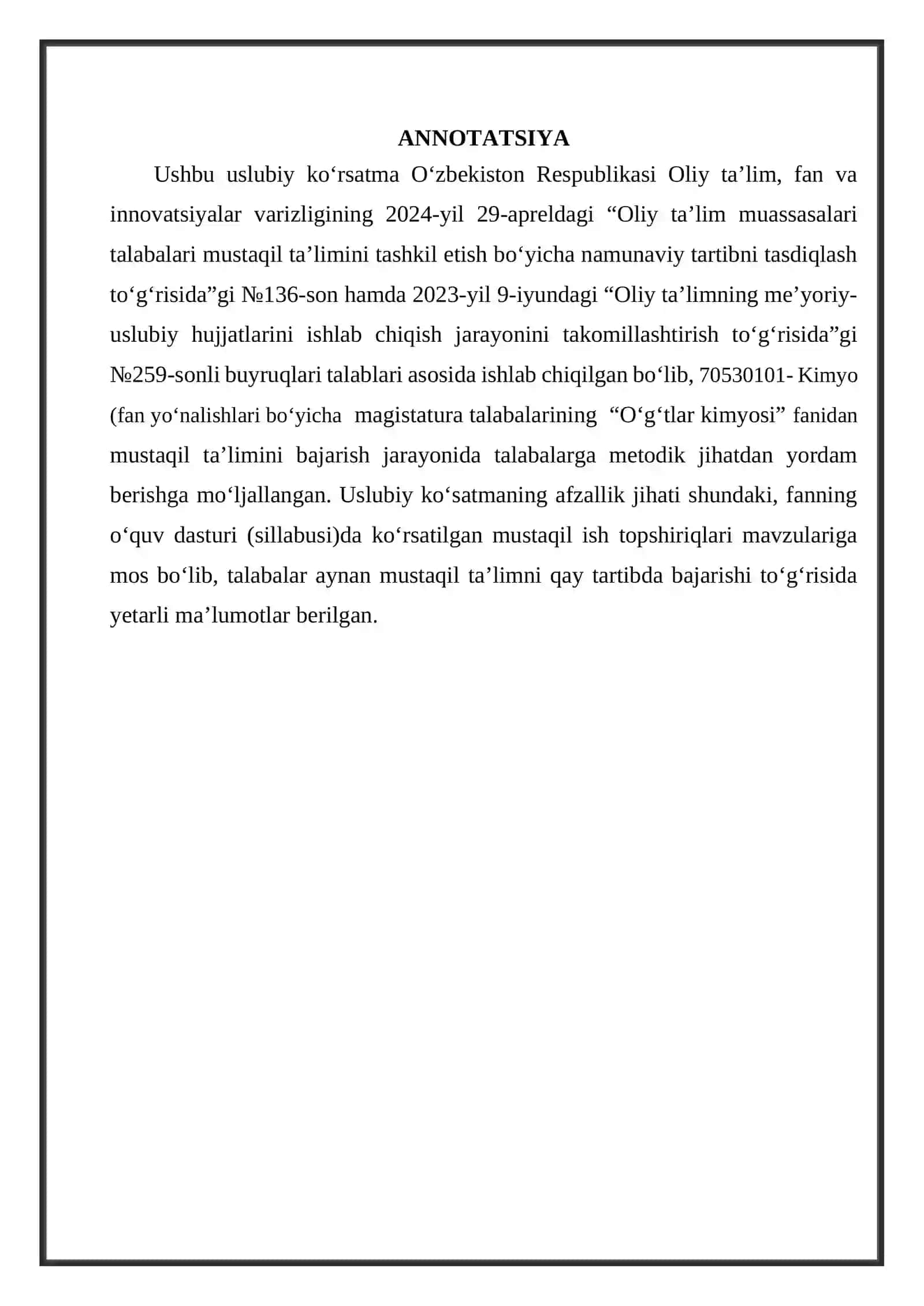 Kimyo va Biologiya Fakulteti Talabalarning Mustaqil Ta'limini Tashkil Etish Bo'yicha Uslubiy Ko'rsatma 3