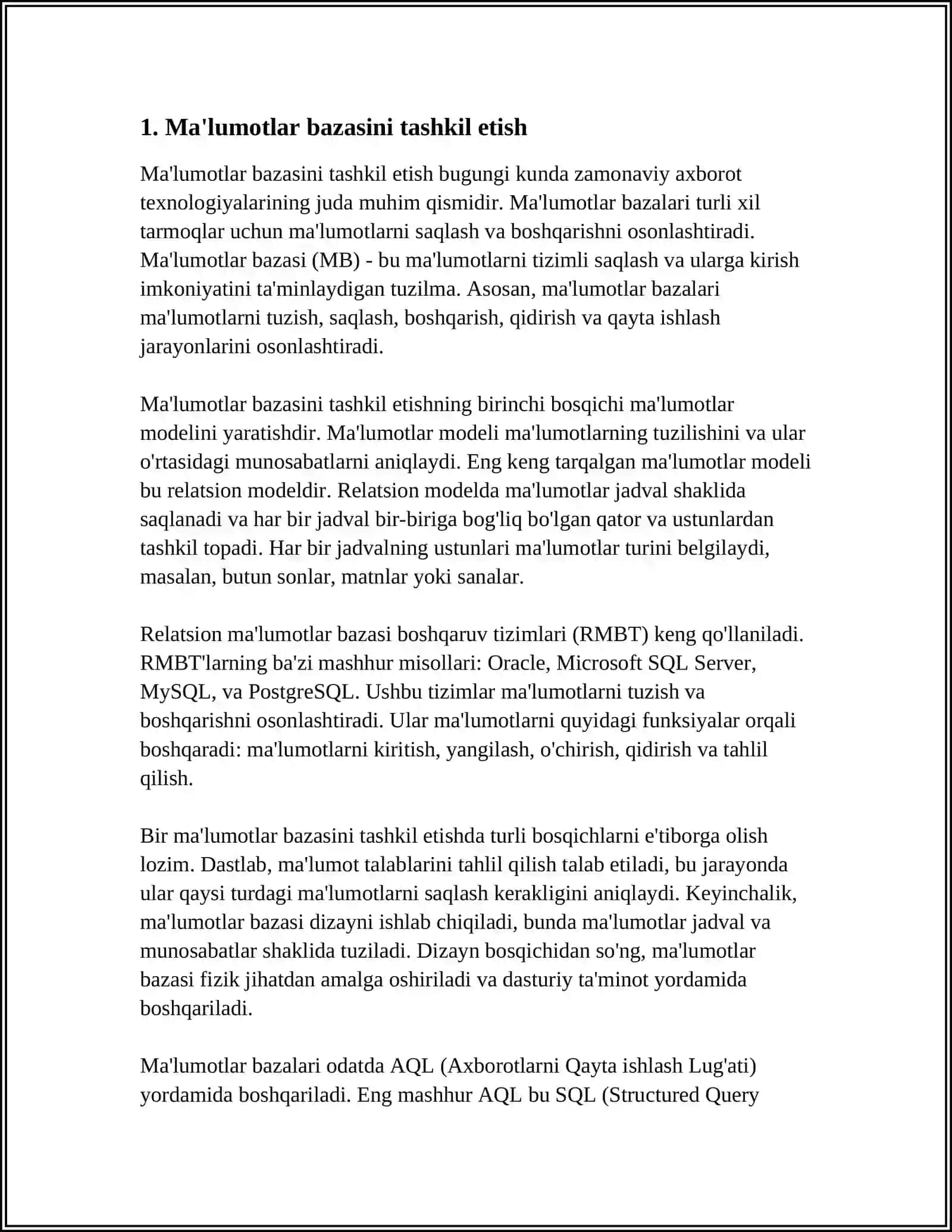 MA'LUMOTLAR BAZASINI BOSHQARISH TIZIMINING ASOSIY VAZIFALARI VA XUSUSIYATLARI 3
