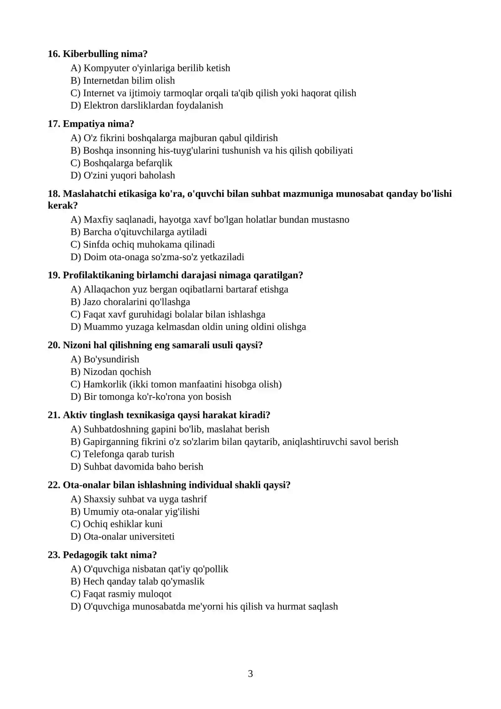 MAKTAB MASLAHATCHISI UCHUN MASHQ TESTLARI 3