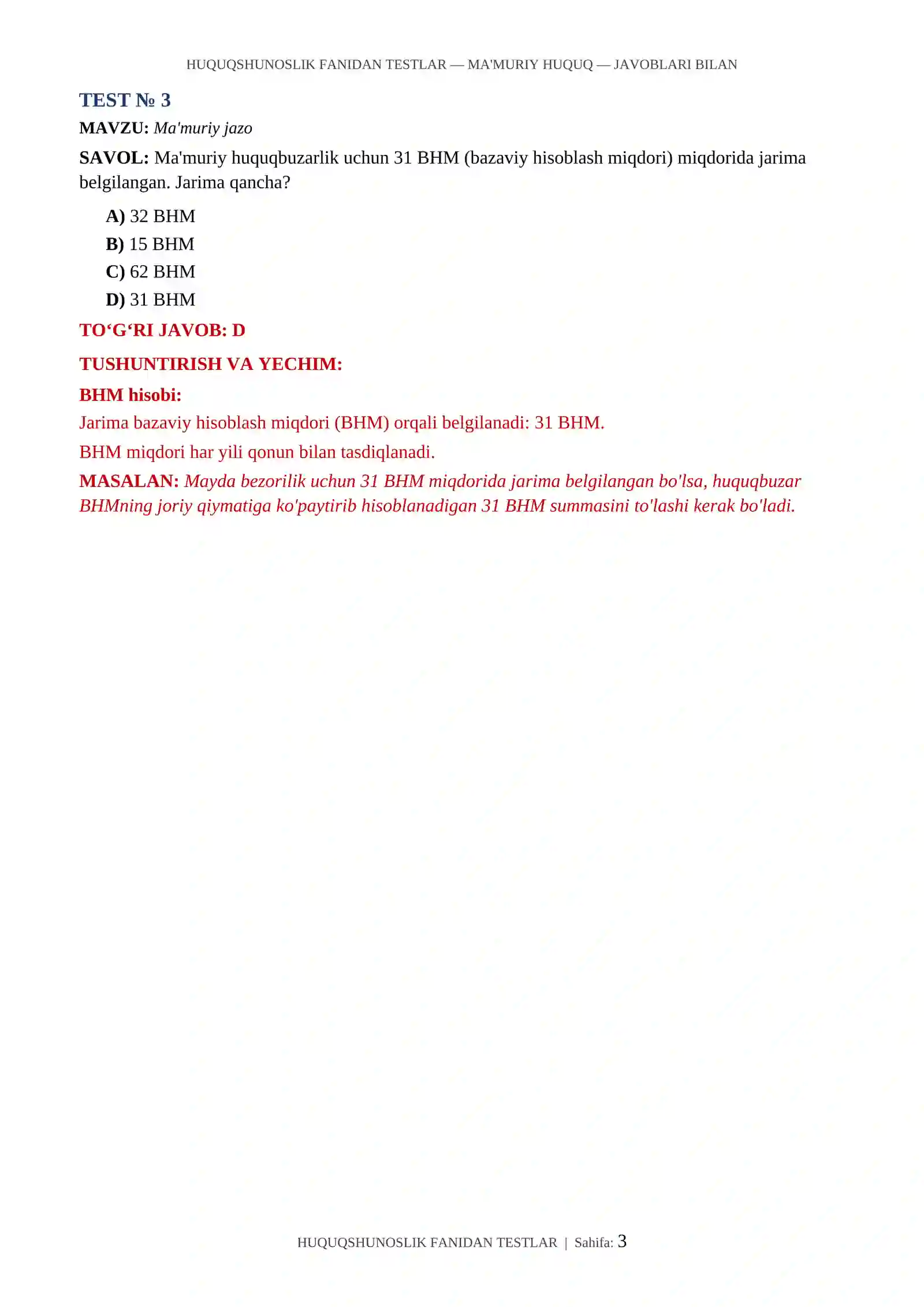 HUQUQSHUNOSLIK FANIDAN TESTLAR — MA'MURIY HUQUQ — JAVOBLARI BILAN 3