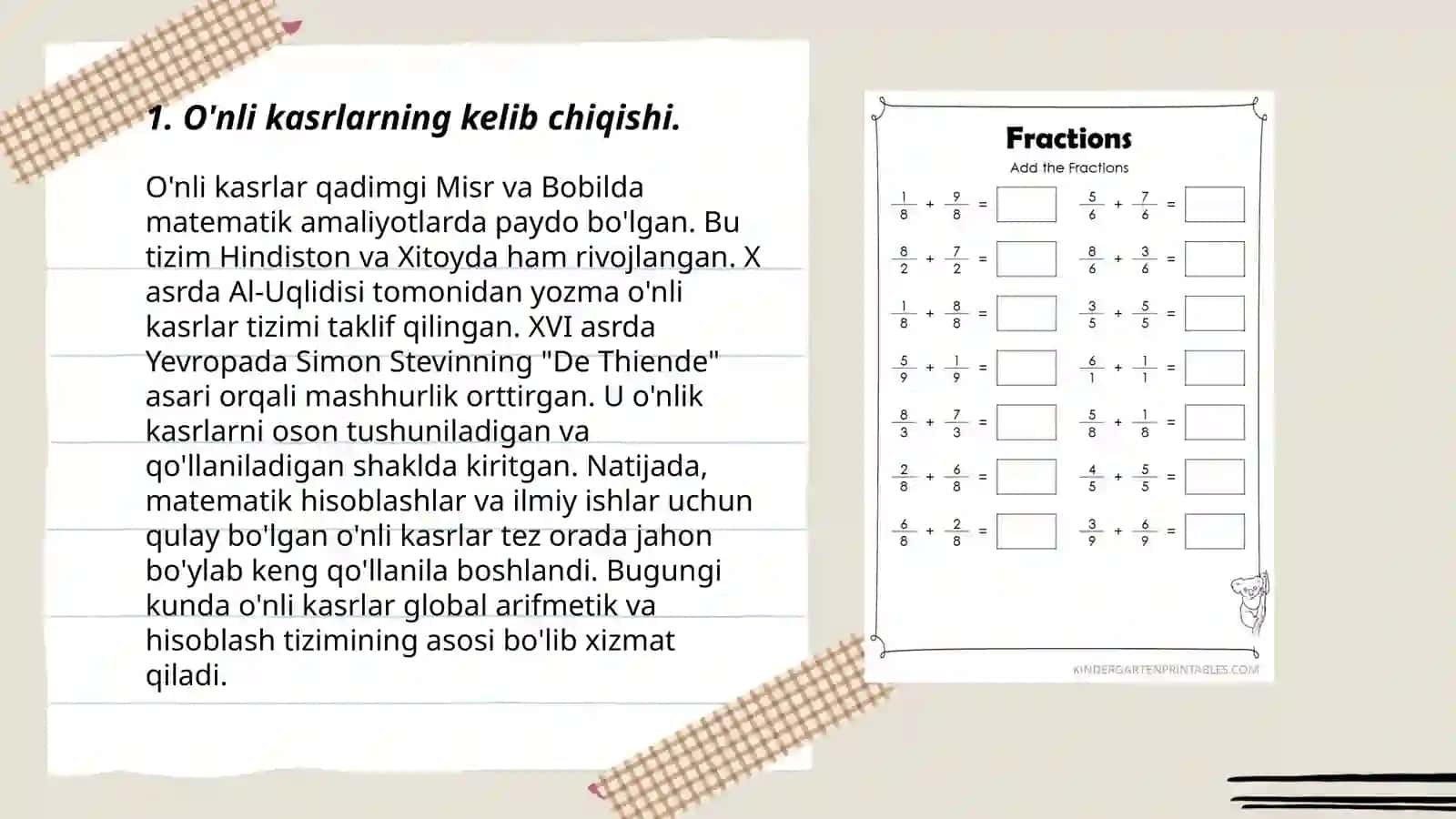 Ulush va kasrlar mavzusida tarixiy materiallardan foydalanish 3