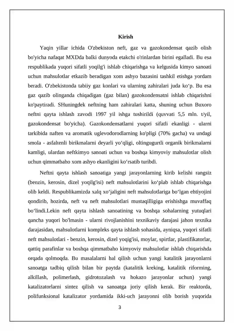Neft-gazni qayta ishlash sanoatida ishlatiladigan katalizatorlarning turlari, xossalari va tarkibi 3
