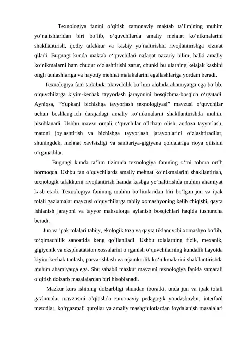 O'quvchilarga jun va ipak tolali gazlamalar ularning olinishi va hossalari mavzusini o'qitish metodikasi 3