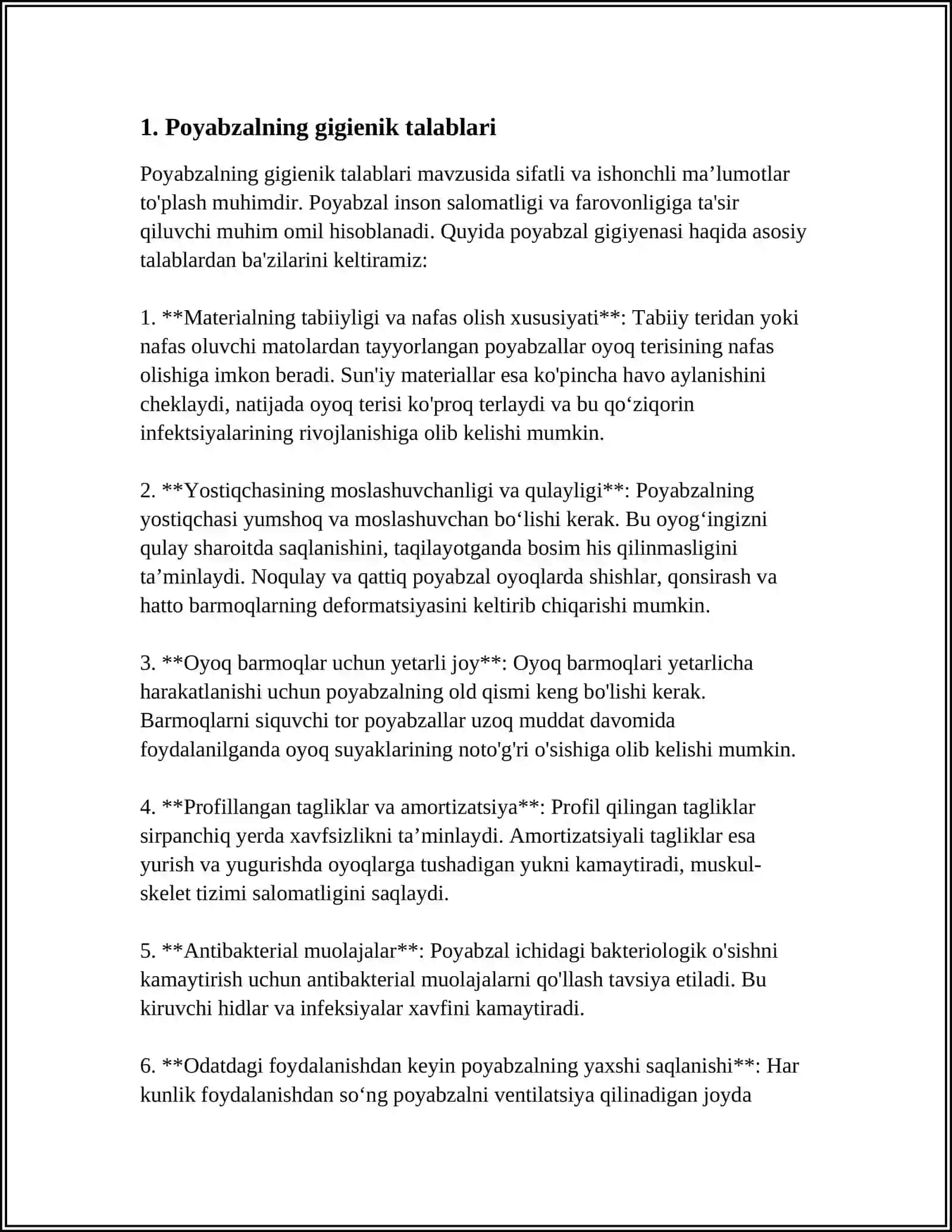 POYABZALNING GIGIENIK VA FIZIK XUSUSIYATLARI TO'GRISIDA MA'LUMOTLAR 3