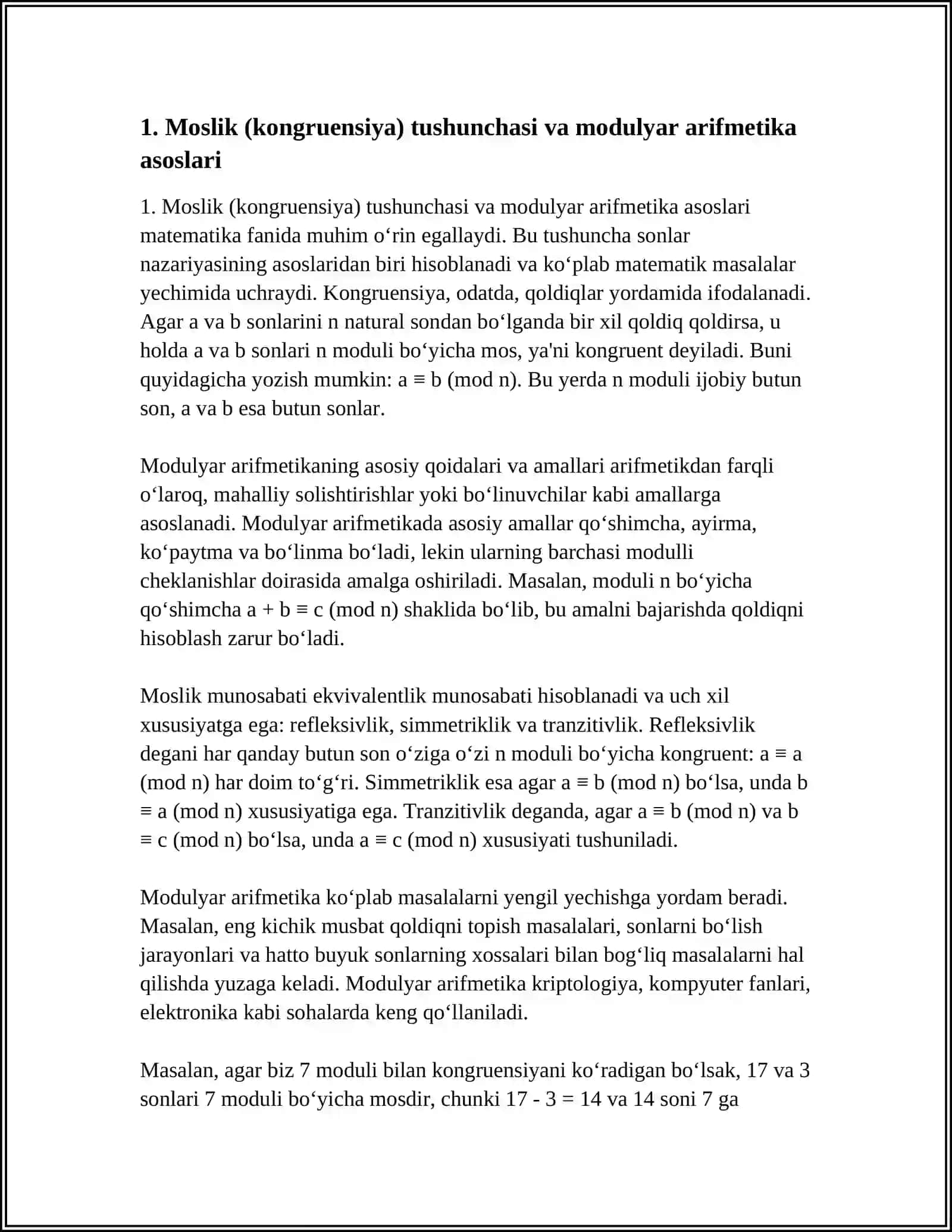 MATEMATIKA FANIDAN MOSLIK VA MUNOSABATGA OID MISOLLAR MAVZUSIDA REFERAT 3