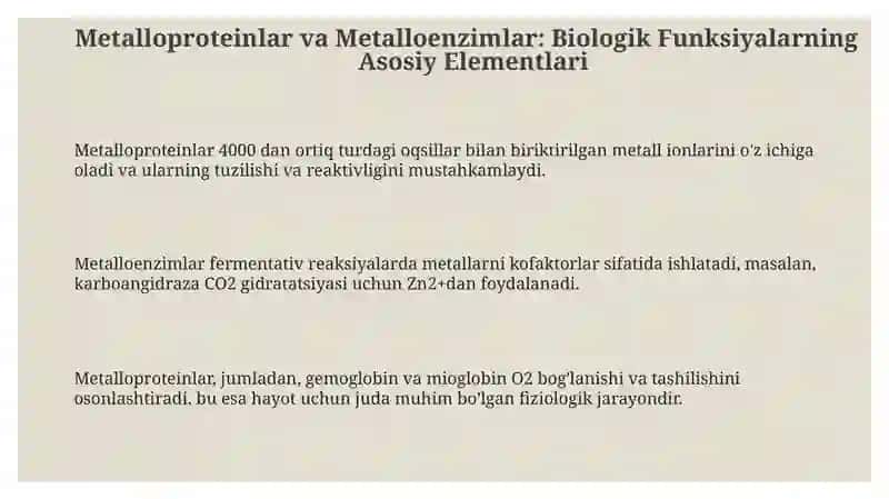 Metalloproteinlar va Metalloenzimlar: Biologik Funksiyalarning Asosiy Elementlari 3