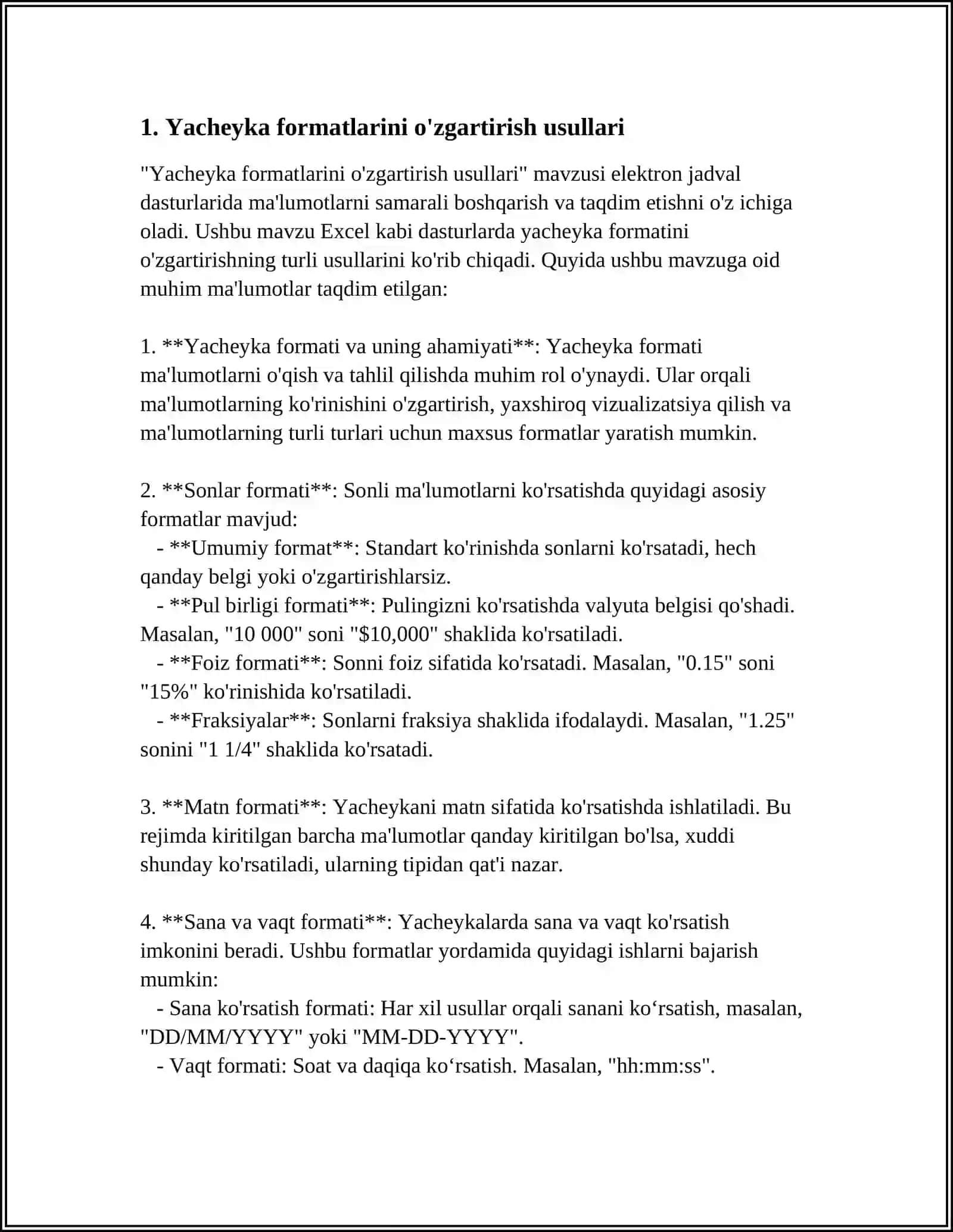 MS EXCEL DASTURIDA KATAKCHALAR FORMATLARINI OʼZGARTIRISH. AVTOTOʼLDIRISH FUNKSIYASIDAN FOYDALANISH 3
