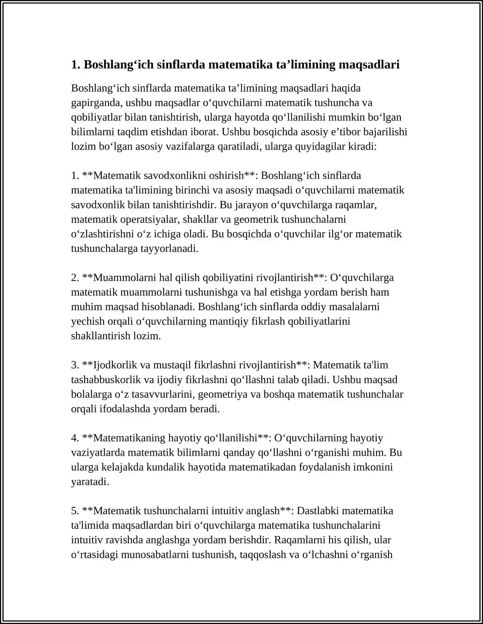 REFERAT: BOSHLANGʻICH SINFLARDA MATEMATIKA OʻQITISHNING MAQSAD VA VAZIFALARI 3
