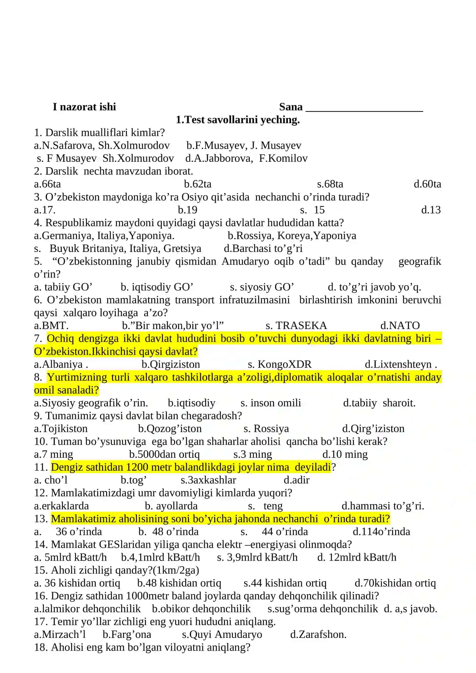 8-sinf geografiyasi nazorat ishi daftar 3