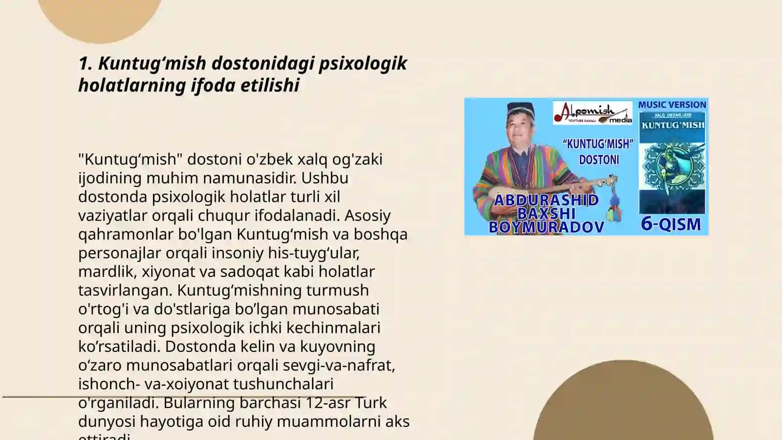 Kuntugʻmish dostonidagi psixologik holatini ifoda etilishi, Alisher Navoiy ijodida folklor anʼanalari, Oʻzbek folkorshunosligida ingliz tadrijiy taraqqiyoti, Toʻra Mirzayev va Mamatqul Joʻrayevlarning oʻzbek folklorshunosligiga qoʻshgan hissasi 3