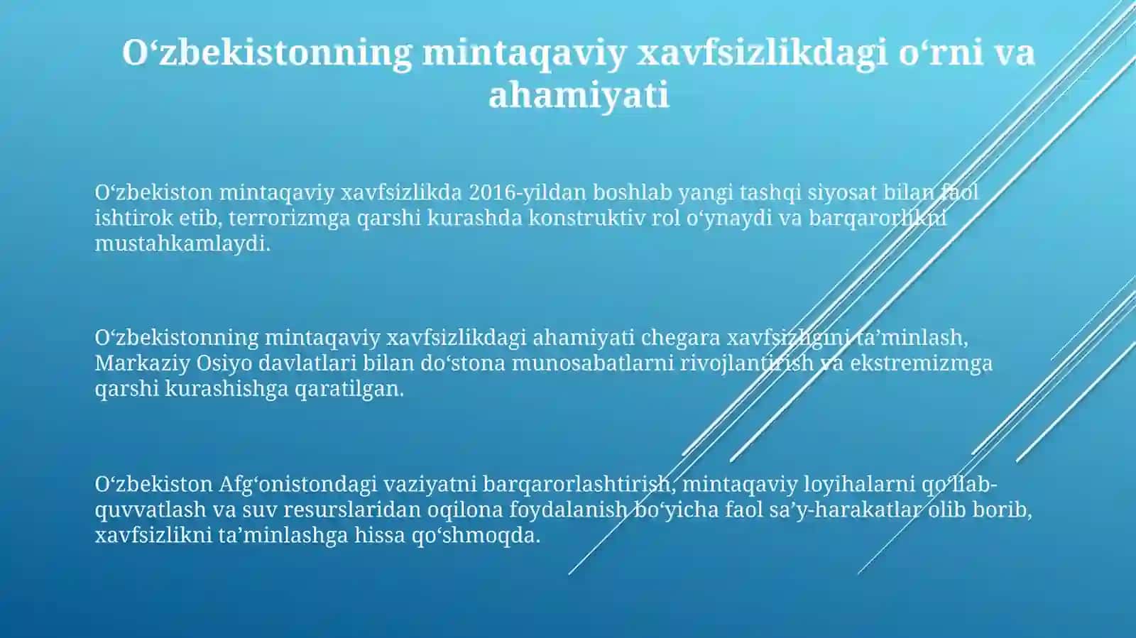 Uzbekistonning Markaziy Osiyodagi Tinchlik va barqarorlikni ta’minlashdagi urni 3