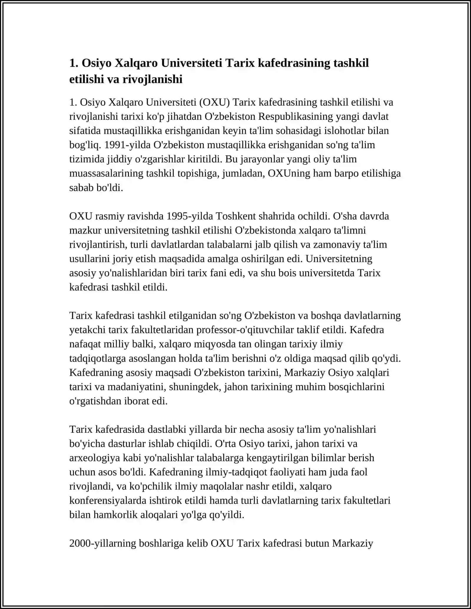 OSIYO XALQARO UNIVERSITETI TARIX KAFEDRASI MUSTAQIL ISH 3