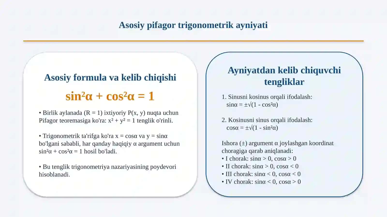 Bir xil argumentli trigonometrik tunksiyalar va qo'shish teoremalari 3