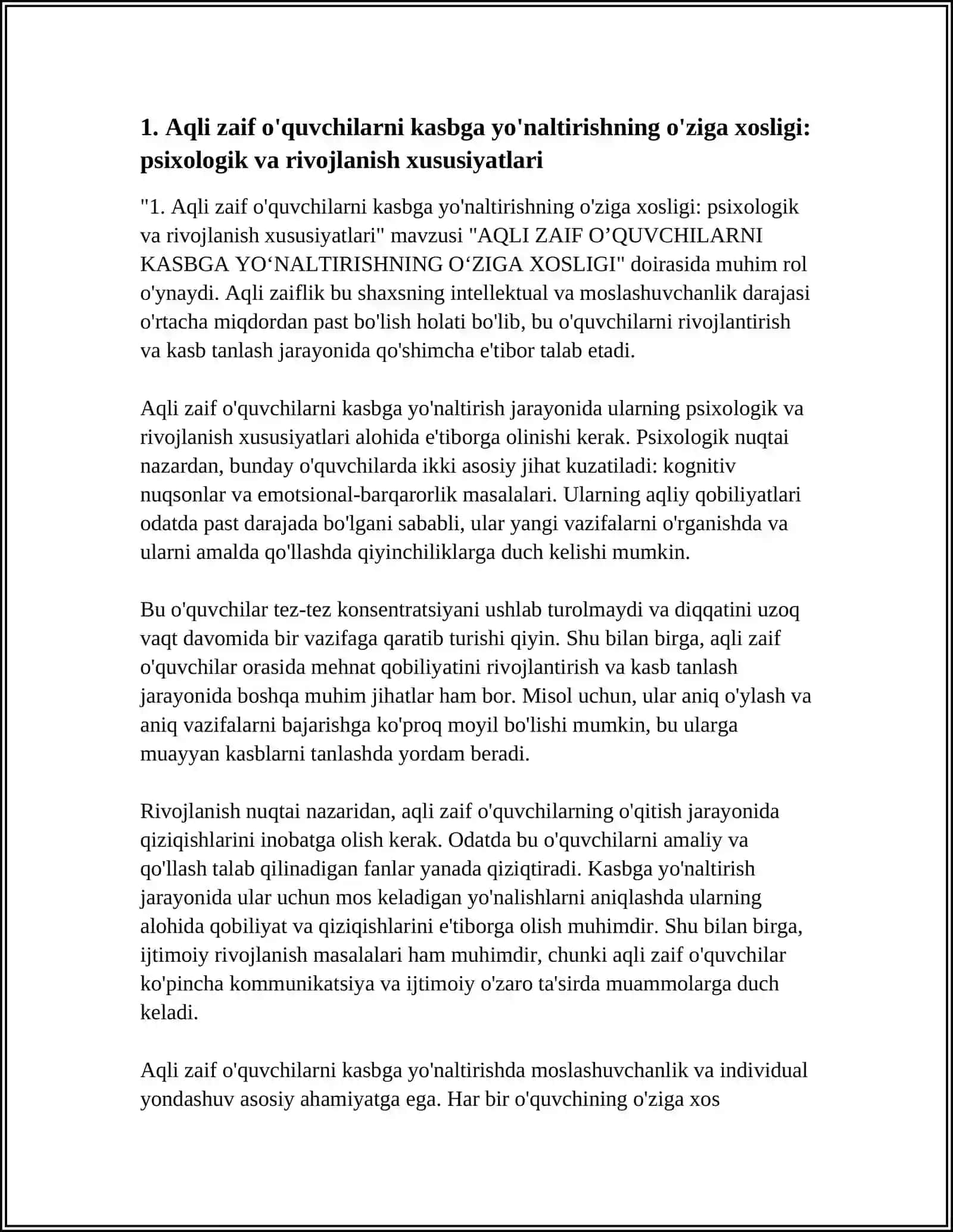 Aqli zaif o'quvchilarni kasbga yo'naltirishning o'ziga xosligi: psixologik va rivojlanish xususiyatlari 3