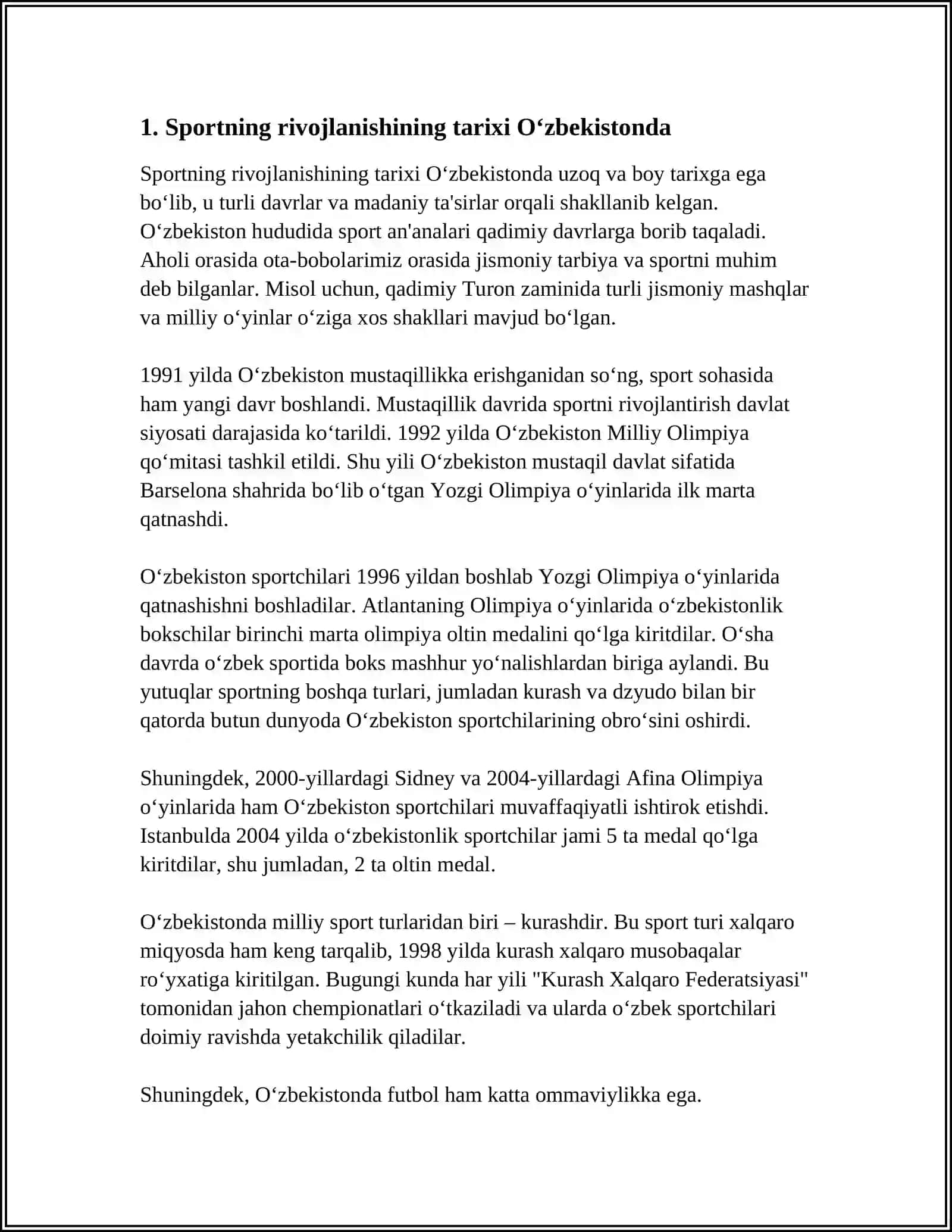 MUSTAQIL ISH Mavzu: OZBEKISTONDA SPORTNING RIVOJLANISHI VA JAHON ARENALARIDA TURGAN ORNI 3