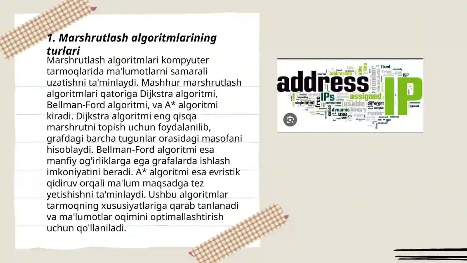 Marshrutlash algoritmlari: eng qisqa yo'l algoritmi, masofaviy-vektorli marshrutlash, ARP, RARP, IP protokollari 3