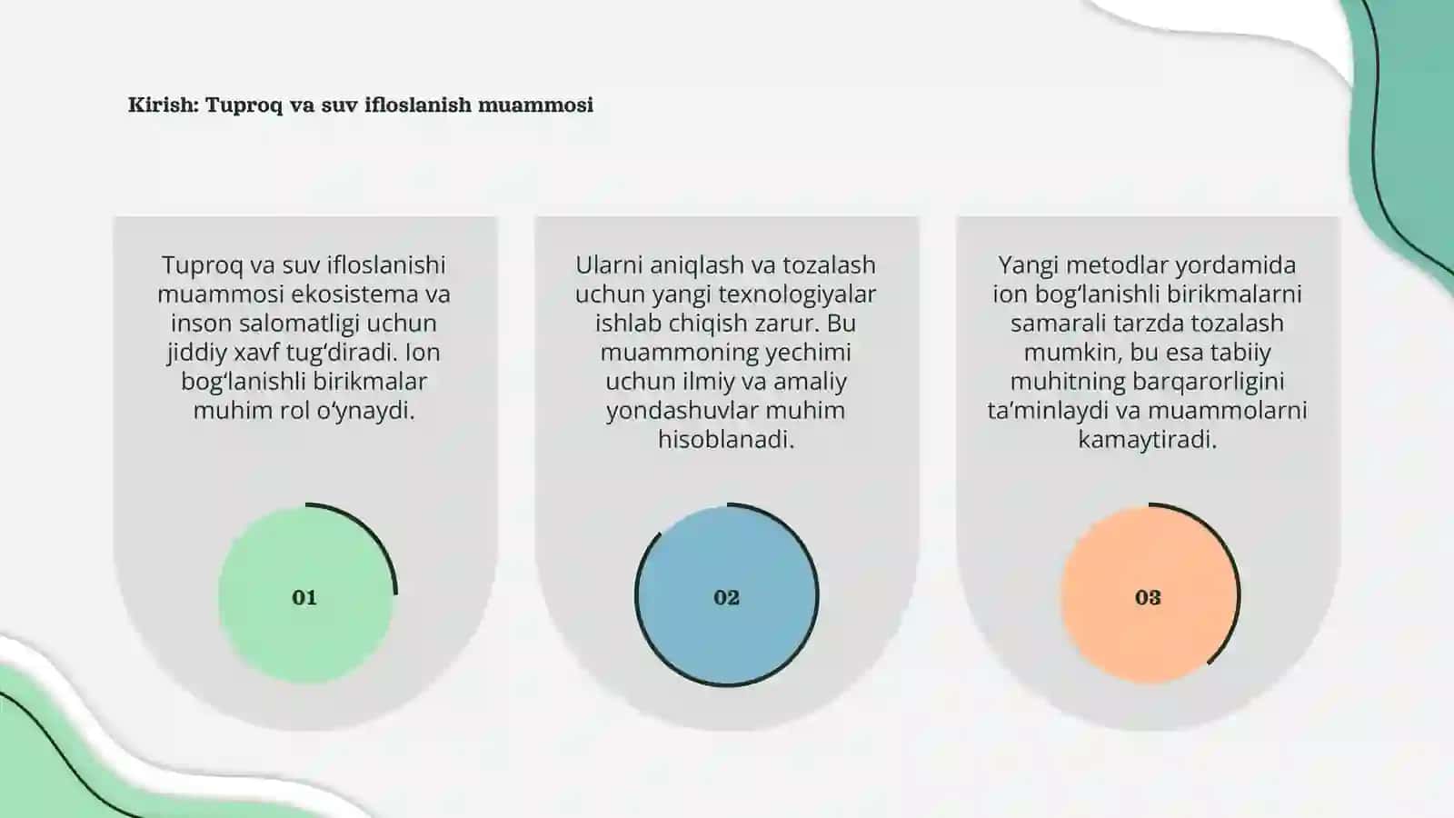 Tuproq va suvning ifloslanishida ion bog'lanishli birikmalarni aniqlab, ulardan tozalash usulini ishlab chiqish 3