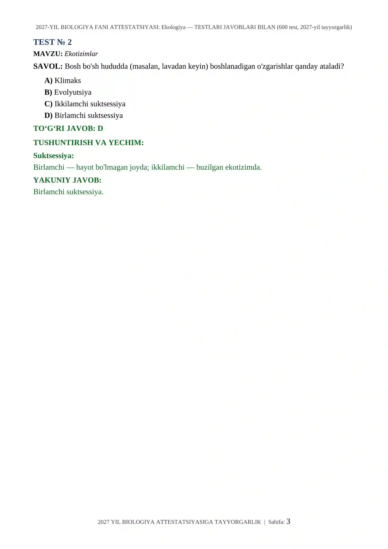 2027-YIL BIOLOGIYA FANI ATTESTATSIYASI: Ekologiya — TESTLARI JAVOBLARI BILAN (600 test, 2027-yil tayyorgarlik) 3