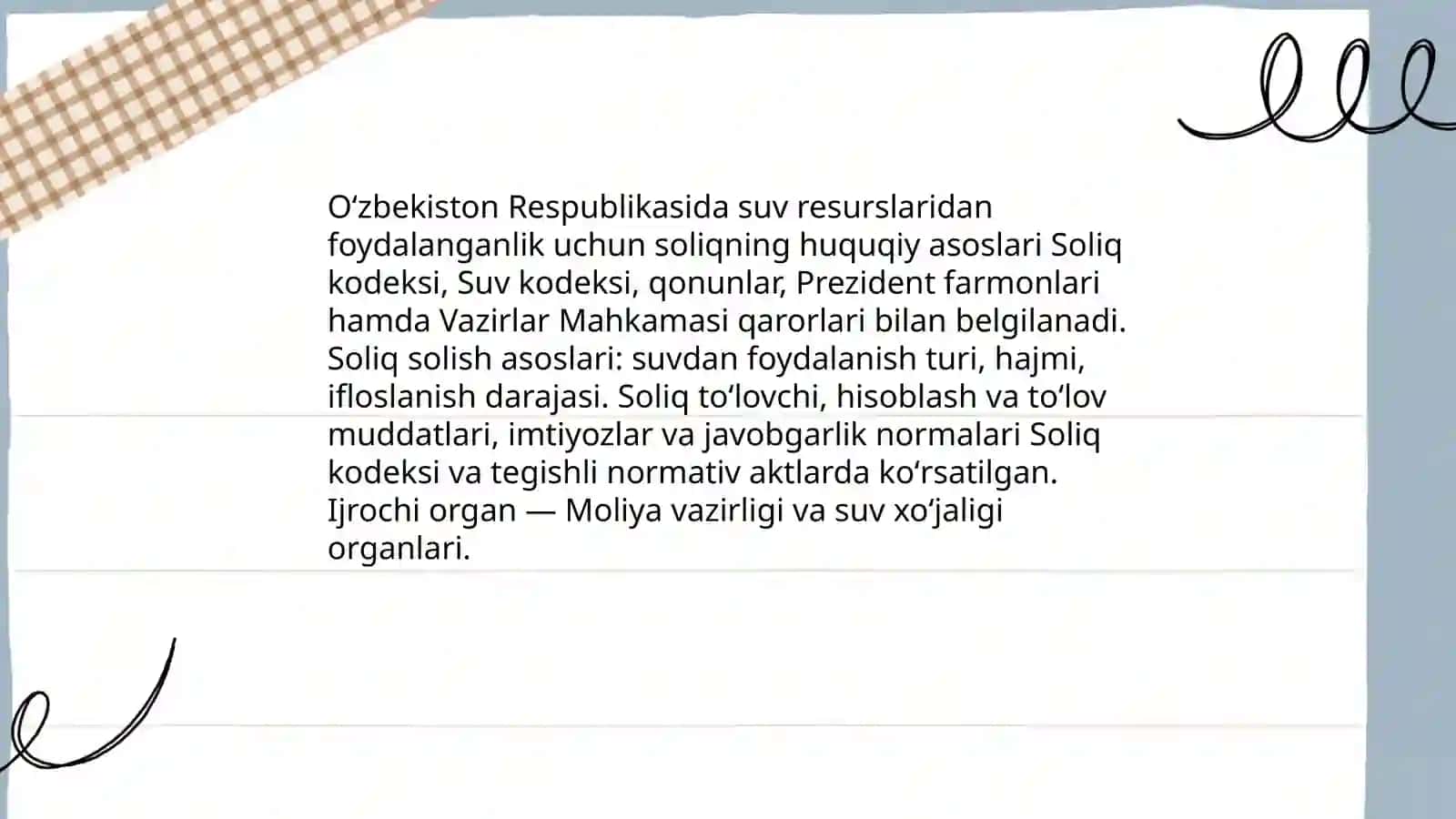 Suv resurslaridan foydalanganlik uchun soliq hisoblash va budjetga toʻlash tartibi 3
