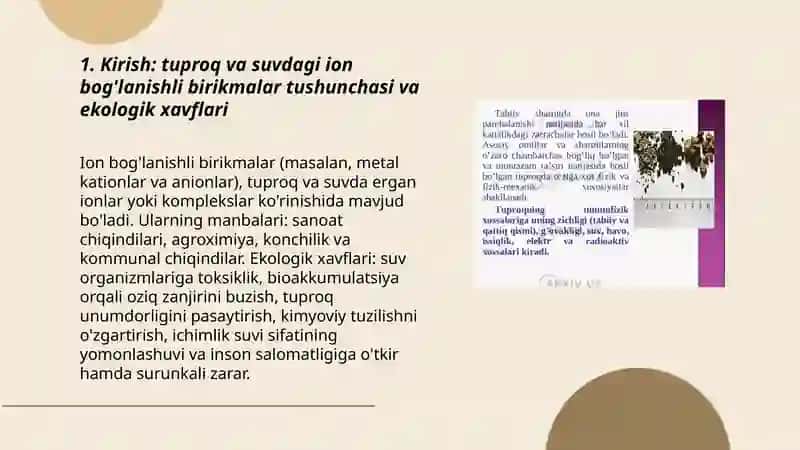 Tuproq va suvning ifloslanishida ion bog'lanishli birikmalarni aniqlab ulardan tozalash usulini ishlab chiqarish 3