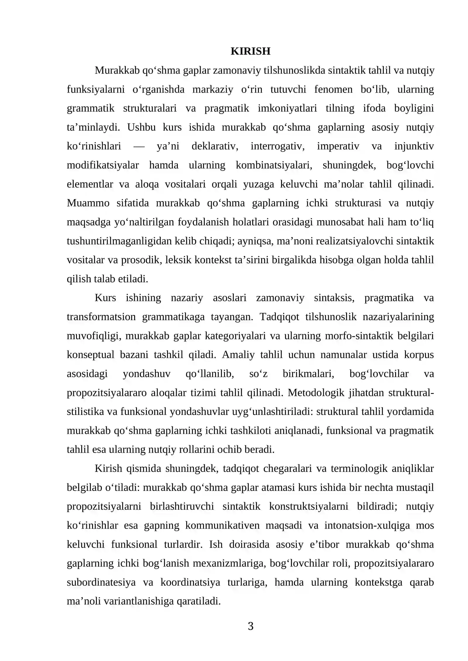 “MURAKKAB QOʻSHMA GAPLAR, ULARNING ASOSIY NUTQIY KOʻRINISHLARI” MAVZUSIDAGI KURS ISHI 3