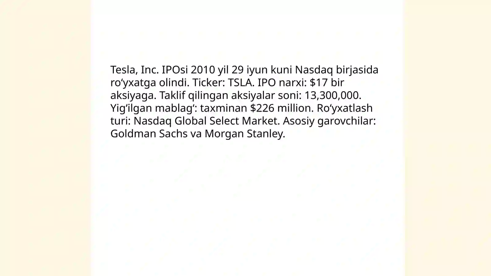 Tesla kompaniyasining fond birjasi va listing talablari va asosiy moliyaviy ko’rsatgichlari 3