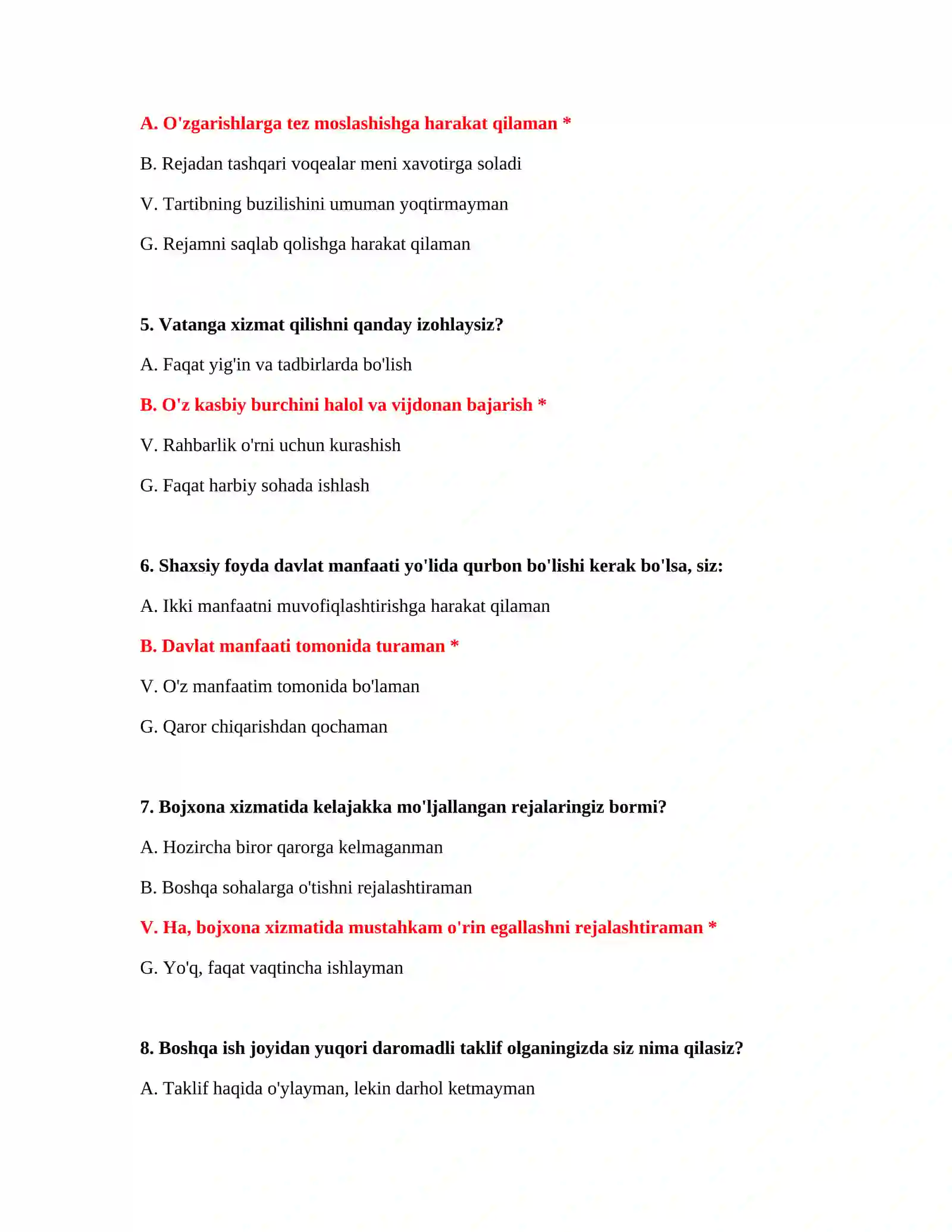 Bojxona suhbat testlari 3