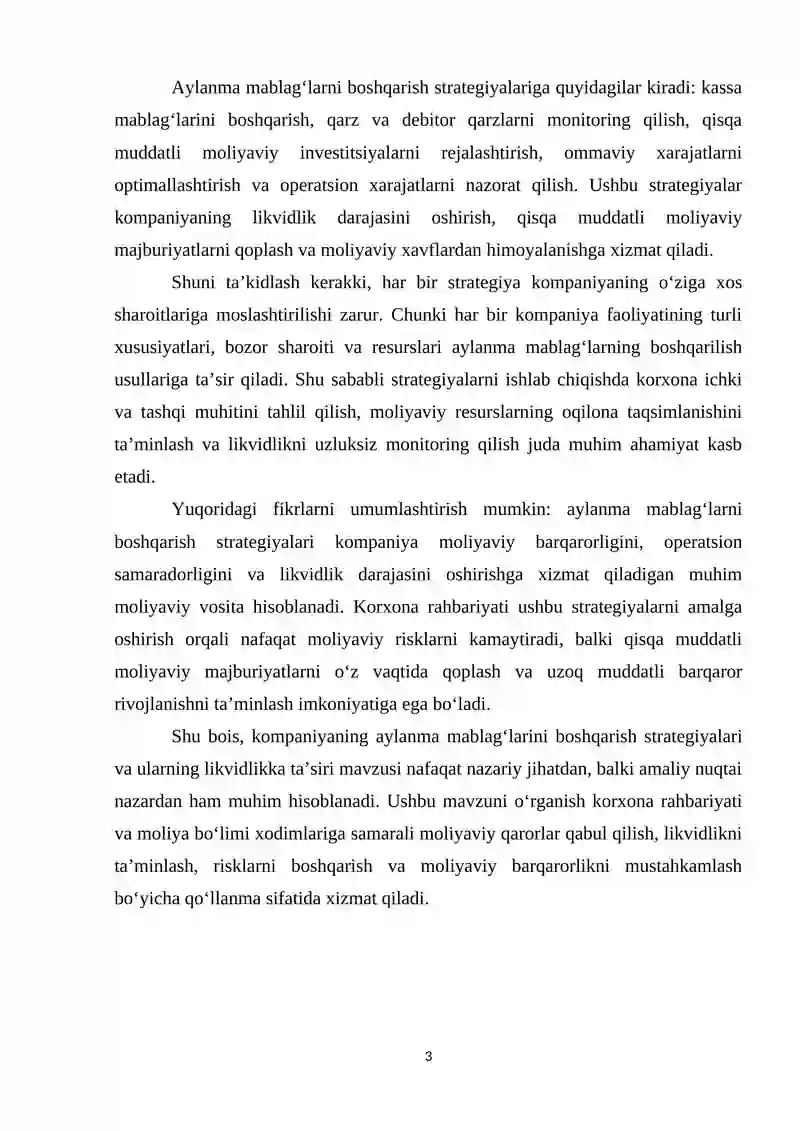 Kompaniyaning aylanma mablag'larini boshqarish strategiyalari va ularning likvidlikka ta'siri 3
