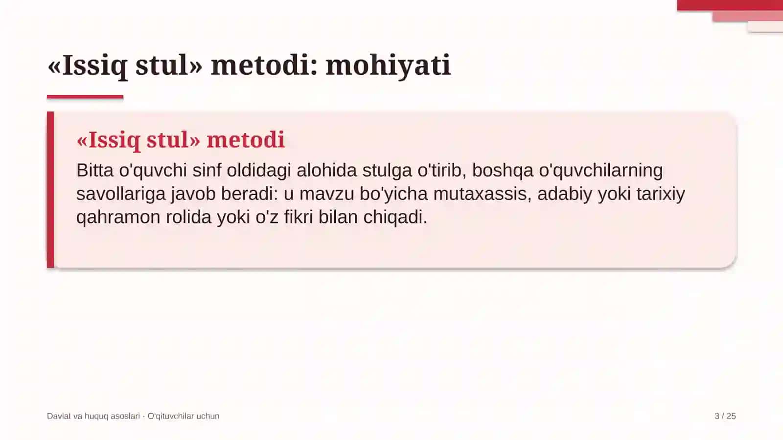 davlat va huquq asoslari darslarida issiq stul metodidan foydalanish 3770 3