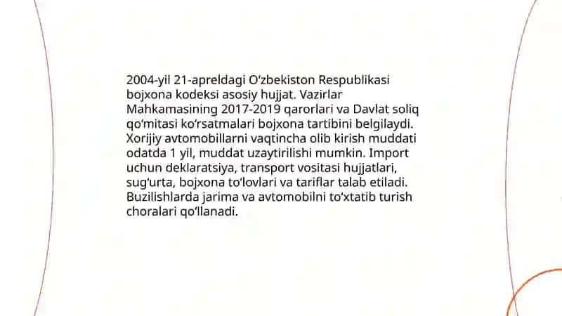 O'zbekiston Respublikasi Bojxona chegarasidan xorijiy avtomobillarni o'tkazish tartibi 3