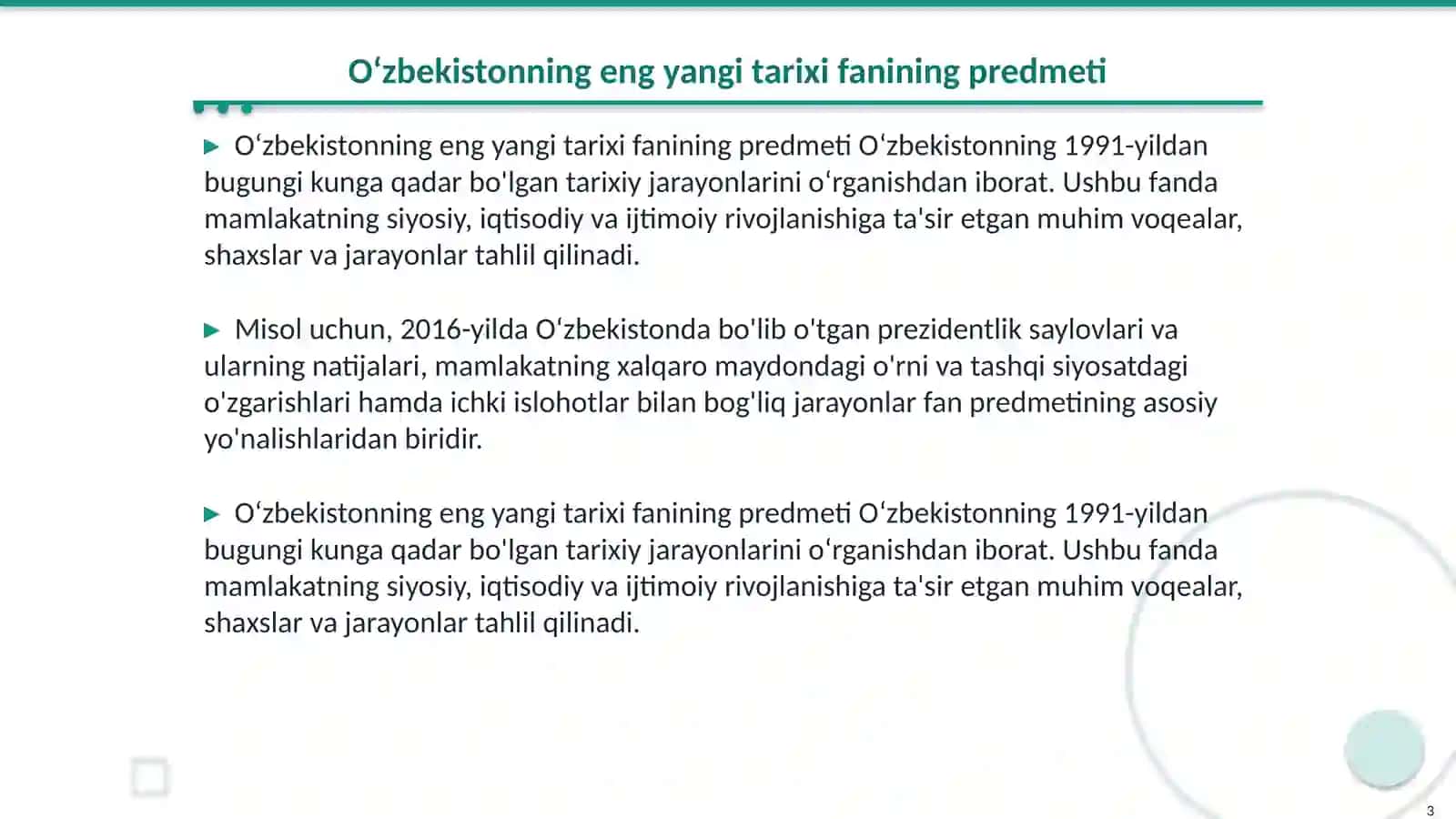 Oʻzbekistonning eng yangi tarixi oʻquv fanining predmeti 3