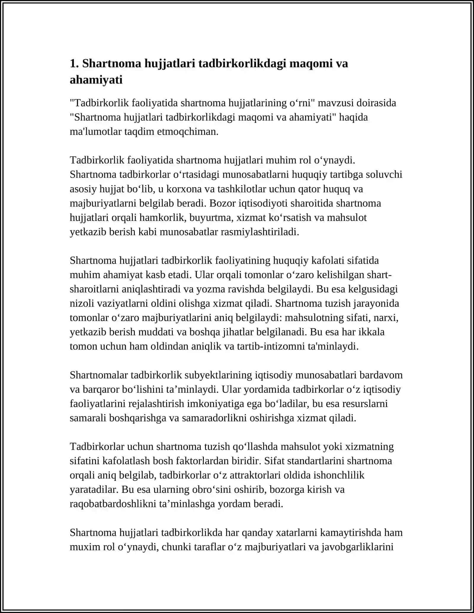TADBIRKORLIK FAOLIYATIDA SHARTNOMA HUJJATLARINING O’RNI 3