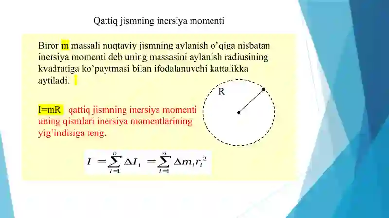 Qattiq jismning inersiya momenti, impuls momenti, kuch momenti 3