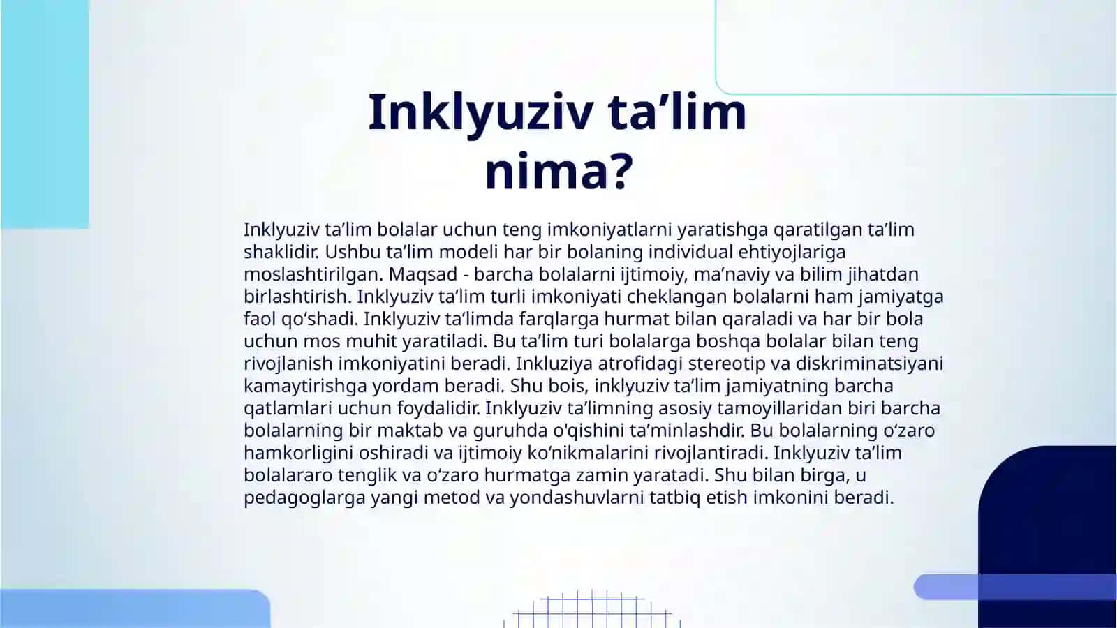 MAKTABGACHA INKLYUZIV TAʼLIMNING PREDMETI VA UNGA BOʻLGAN EHTIYOJLAR VA UNING SABABLARI BOSQICHLARI 3
