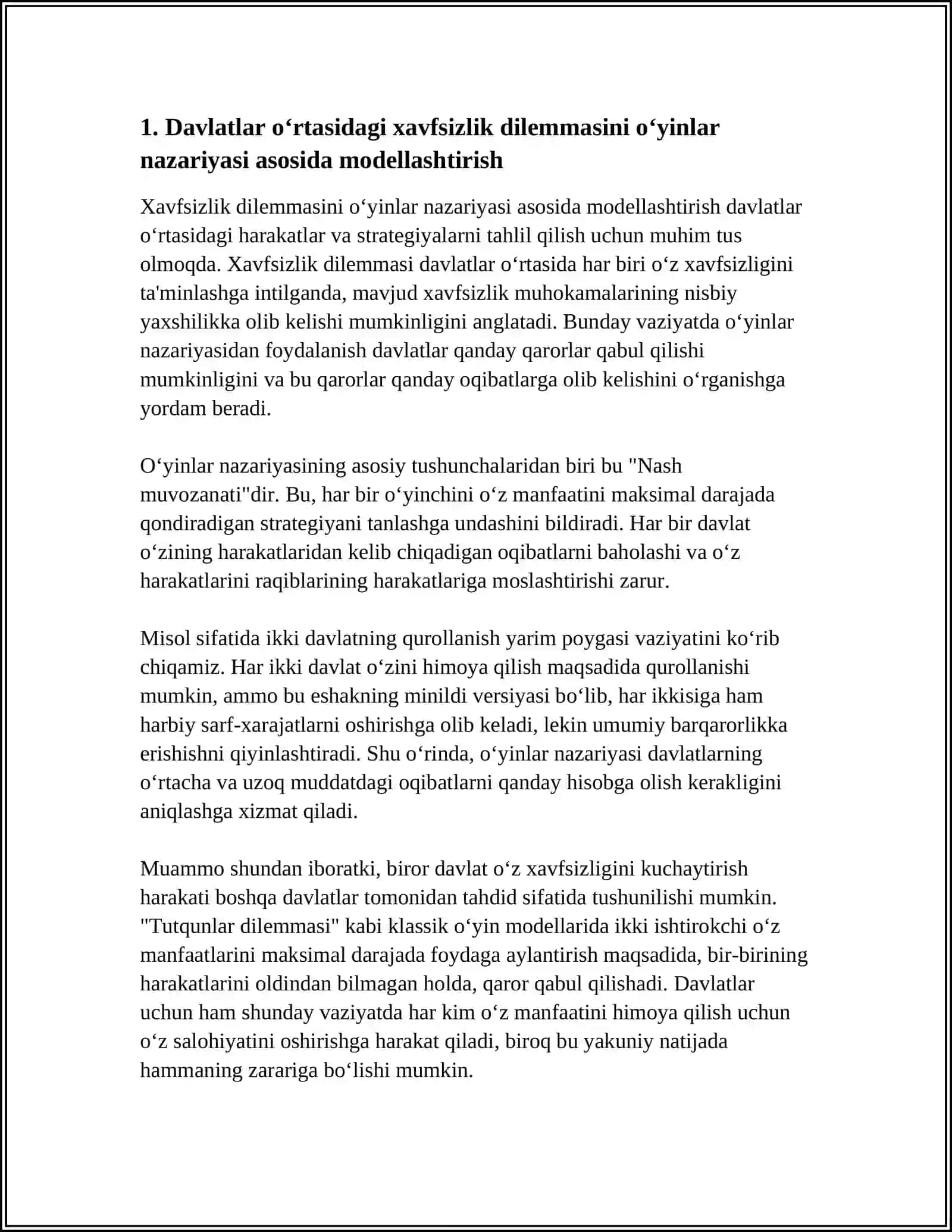 DAVLATLAR O‘RTASIDAGI MUNOSABATLARNI O‘YINLAR NAZARIYASI ASOSIDA MODELLASHTIRISH 3