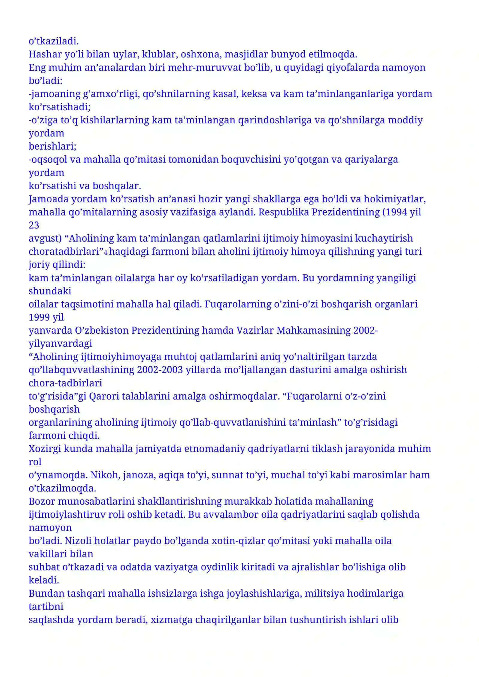 Mahallalar-ijtimoiy o’z-o’zini boshqarish organi. Reja 3