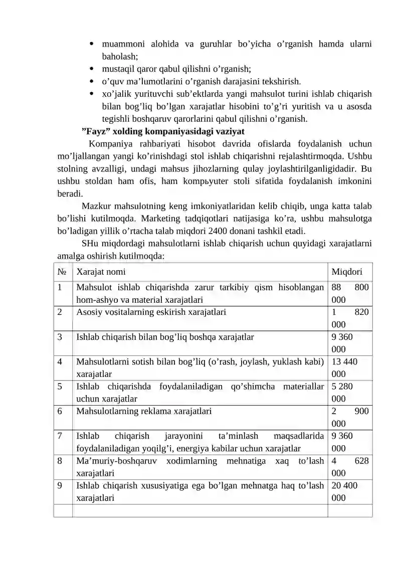 Boshqaruv hisobi fanidan “Byudjetlashtirish va xarajatlarni nazorat qilish” mavzusida keys 3