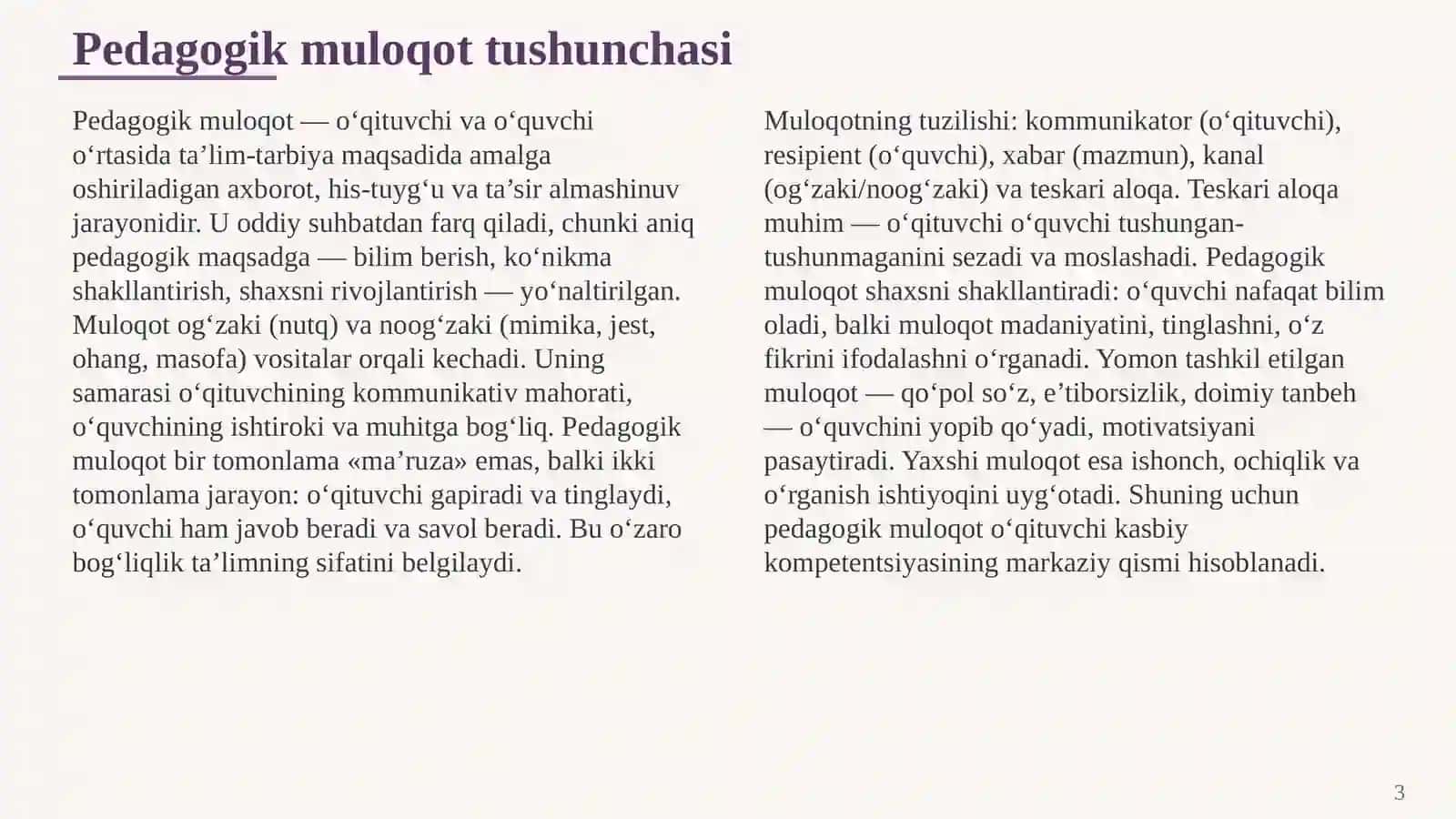 PEDAGOGIK MULOQOT VA O‘QITUVCHI-O‘QUVCHI MUNOSABATLARI 3