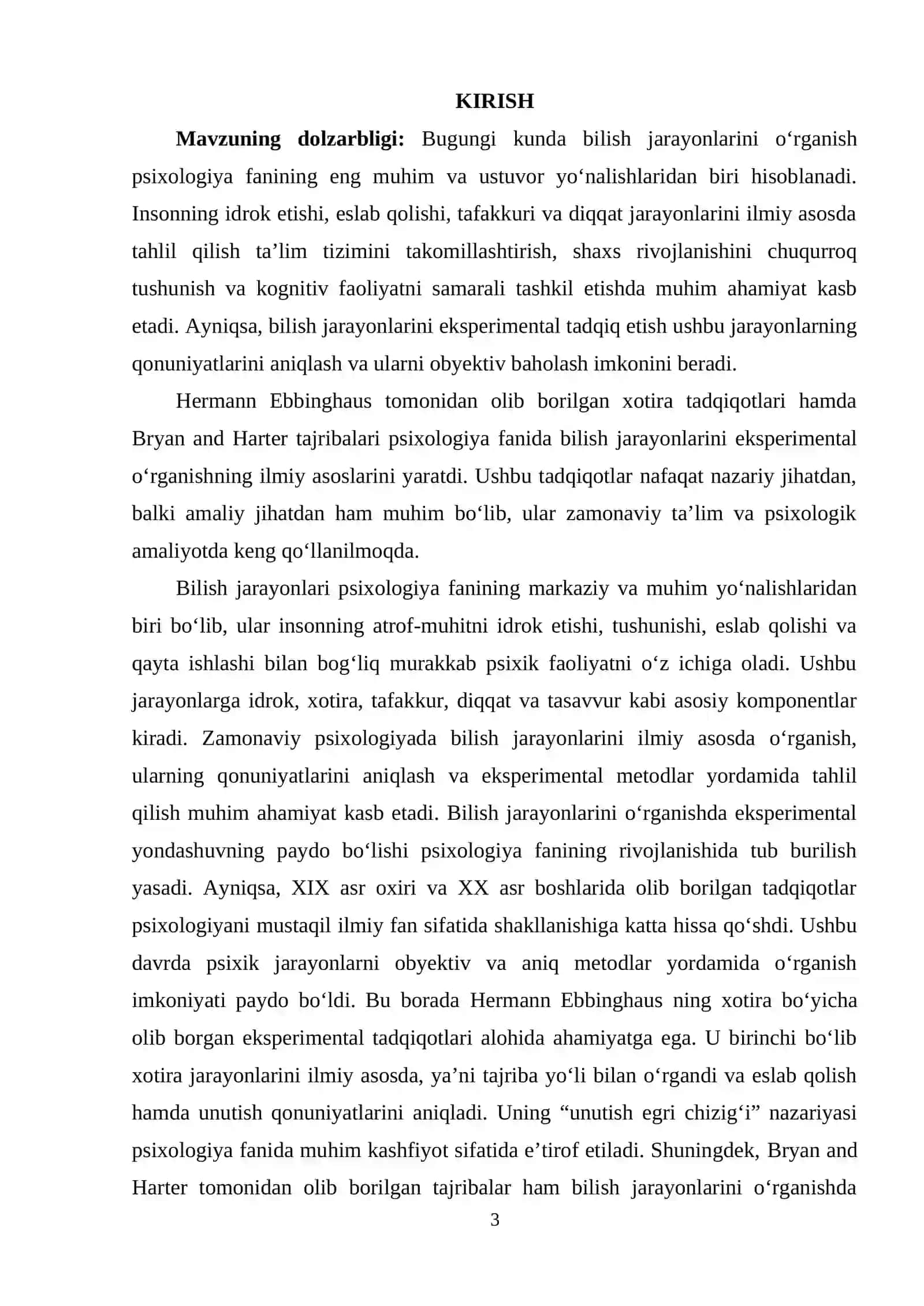 BILISH JARAYONLARINI EKSPERIMENTAL TADQIQ ETISH. EBBINGAUZ, BRAYYAN VA XARTER TAJRIBALARINING ILMIY TAHLILI. 3
