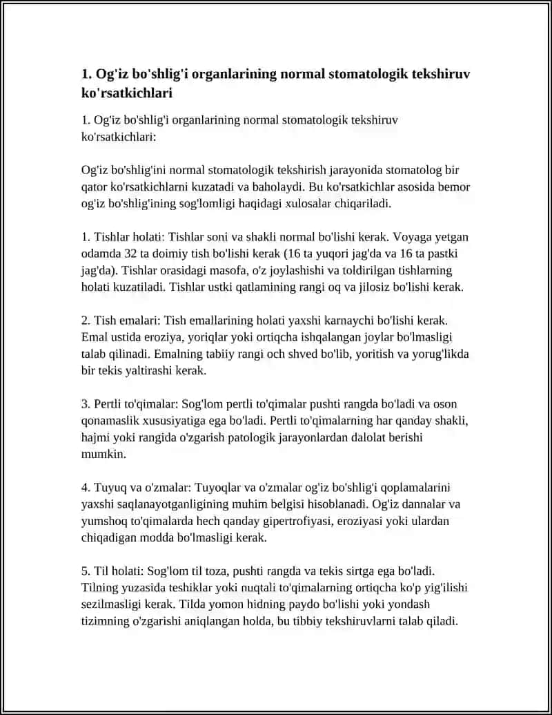 OGIZ BOSHLIGI AZOLARINING STOMATOLOGIK TEKSHIRISH KORSATKICHLARI. STOMATOLOGIK KASALLIKLAR PROFILAKTIKASI USULLARI 3