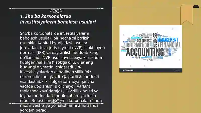 Sho'ba korxonalarda investitsiyalarni baholash usullari 3