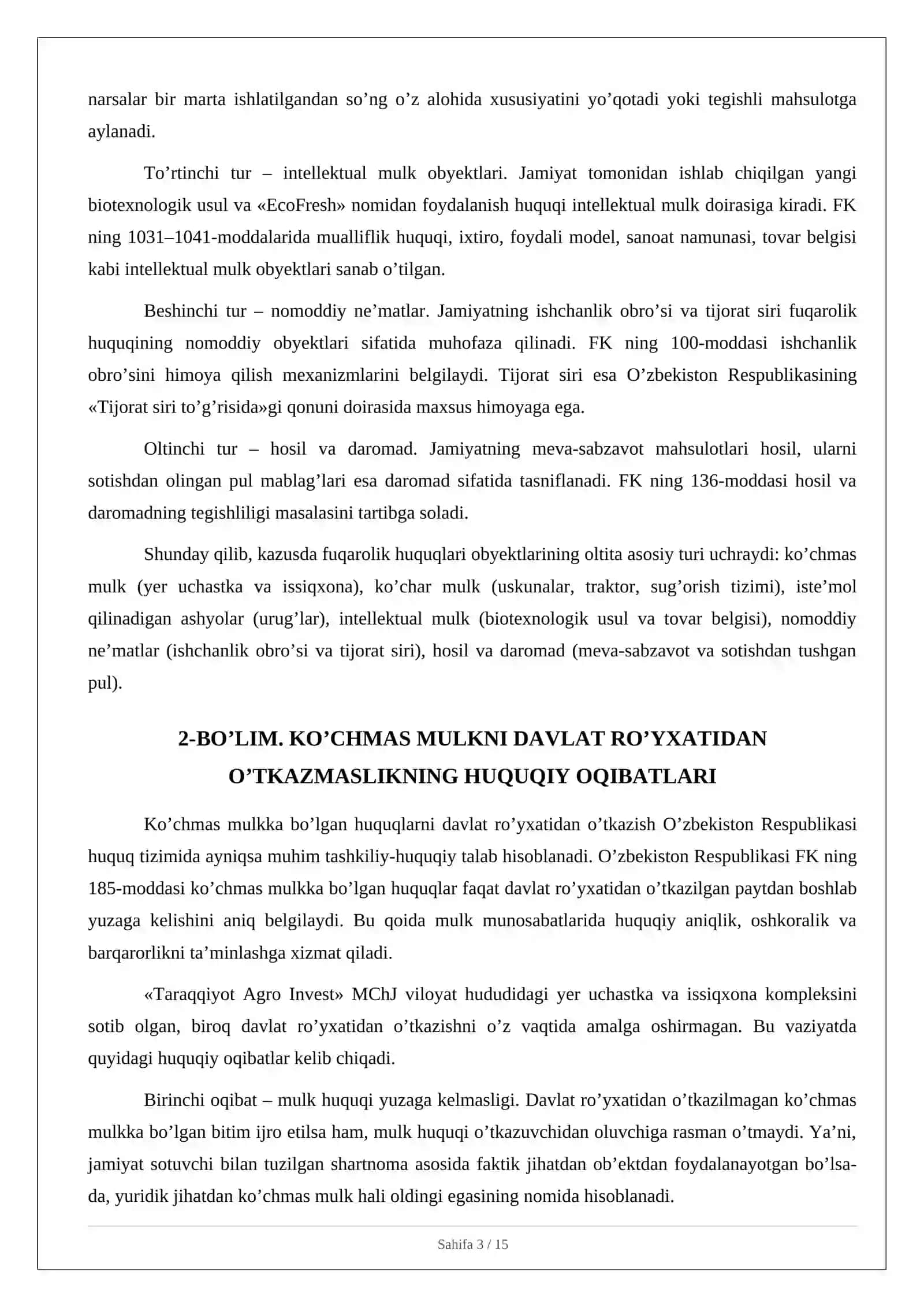 FUQAROLIK HUQUQLARI OBYEKTLARI VA ULARNING HUQUQIY TAVSIFI 3