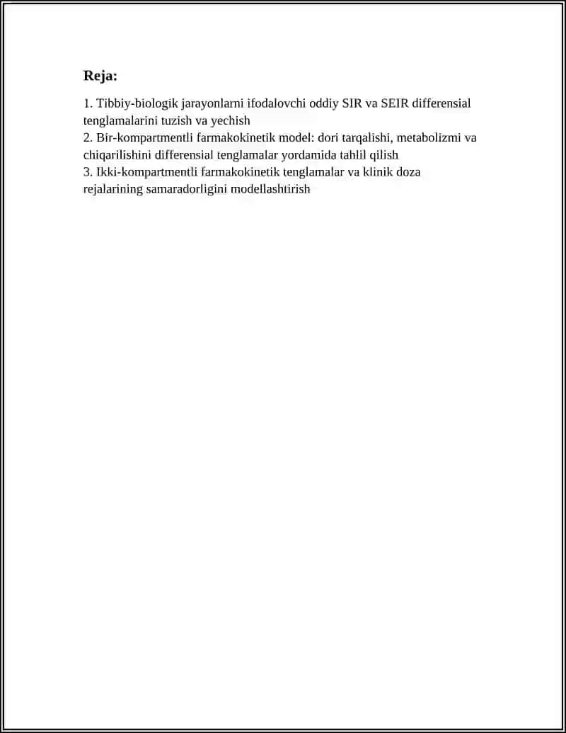 Tibbiy-biologik jarayonlarni ifodalovchi oddiy SIR va SEIR differensial tenglamalarini tuzish va yechish 3
