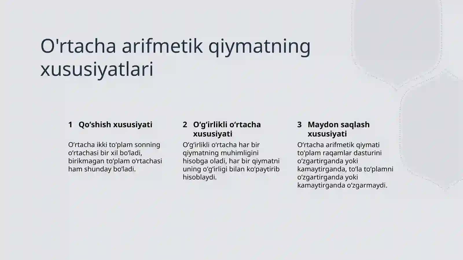 Oʻrtacha arifmetik qiymat uning xossalari 3